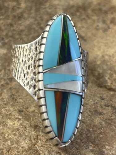 Southwestern Navajo Opal & Turquoise Inlay Ring | Sterling Silver | Sz 8 | 01615
