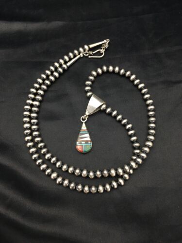 Turquoise Multi-Stone Inlay Pendant | Sterling Silver Bead Necklace 1.75" | Navajo Jewelry 2705