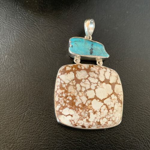 Navajo Wild Horse & Blue Kingman Turquoise Sterling Silver Pendant | Multi-Stone | 12042