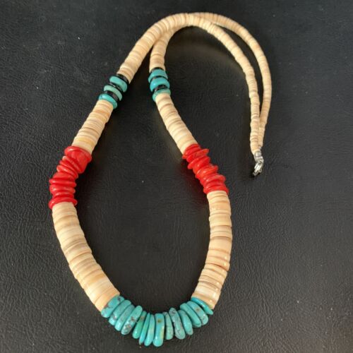 Authentic Native American Santo Domingo Necklace | Red Coral, Blue Turquoise, Onyx Shell | 22" | 13487
