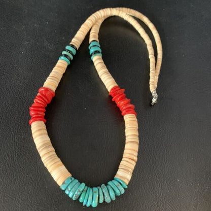 Authentic Native American Santo Domingo Necklace | Red Coral, Blue Turquoise, Onyx Shell | 22" | 13488