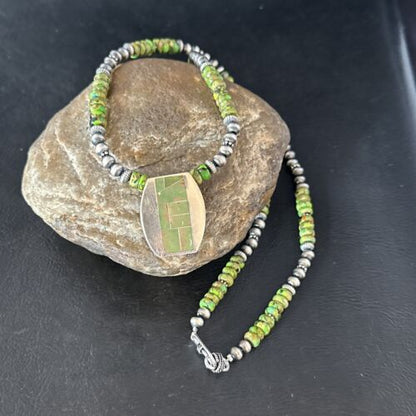 Navajo Green Turquoise Inlay Pendant Necklace | Sterling Silver | 22" | Authentic Native American Handmade | 14610