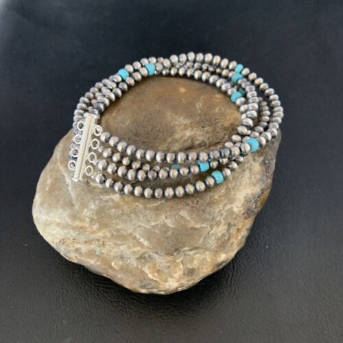 Navajo Pearls Blue Turquoise Bracelet | Sterling Silver | 4-Strand | Authentic Native American Handmade | 13148