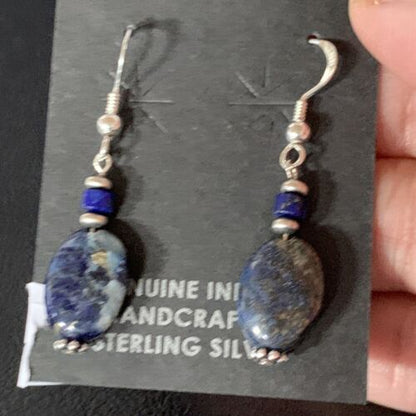 Navajo Lapis Lazuli Bead Dangle Earrings | Sterling Silver | 1" | Authentic Native American Handmade | 13329