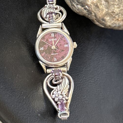Authentic Navajo Sterling Silver Wrist Watch Tips | Purple Amethyst Feather Design | Women's Jewelry | 14315