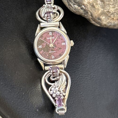 Authentic Navajo Sterling Silver Wrist Watch Tips | Purple Amethyst Feather Design | Women's Jewelry | 14315