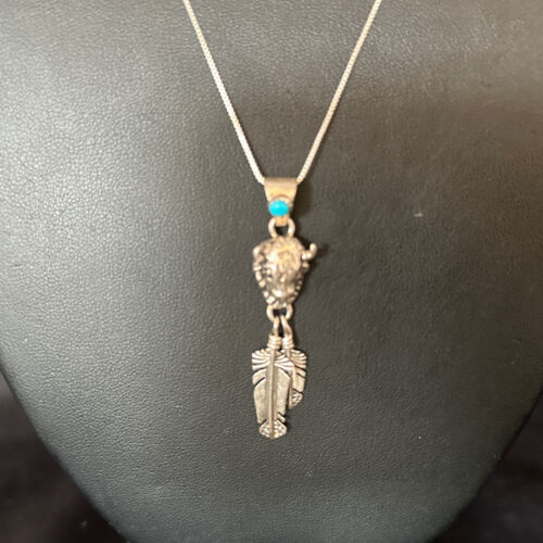 Navajo Buffalo Turquoise Pendant | Sterling Silver | Authentic Native American Handmade | 18" | 14686