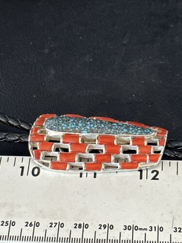 Ultra Rare Native American Men's Bolo Tie | Blue Kingman Turquoise & Coral | Sterling Silver | 14225