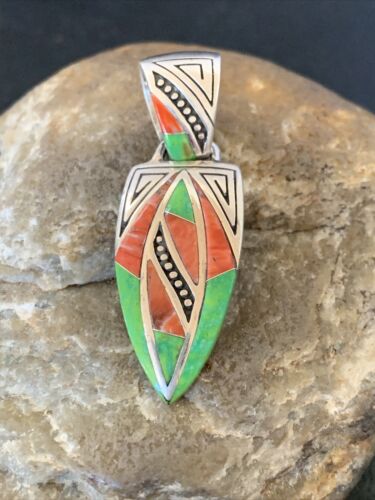 Navajo Pink Coral & Green Gaspeite Inlay Pendant | Sterling Silver | Authentic Native American Handmade | 12483