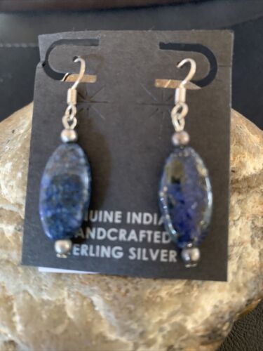 Navajo Blue Lapis Lazuli Bead Dangle Drop Earrings | Sterling Silver | Authentic Native American Handmade | 13062