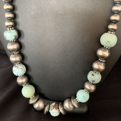 Dry Creek Turquoise Navajo Pearls Beaded Necklace | Sterling Silver | 25" | Authentic Native American Handmade | 14103 - Masha USA