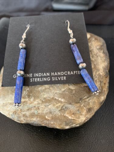 US Navajo Sterling Silver Denim Lapis Lazuli Bead Dangle Drop Earrings 13040