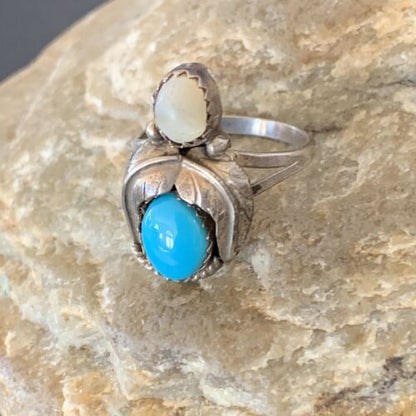 Navajo Blue Turquoise Moonstone Ring | Authentic Native American Sterling Silver | Multi-Stone | Sz 6.5 | 10770