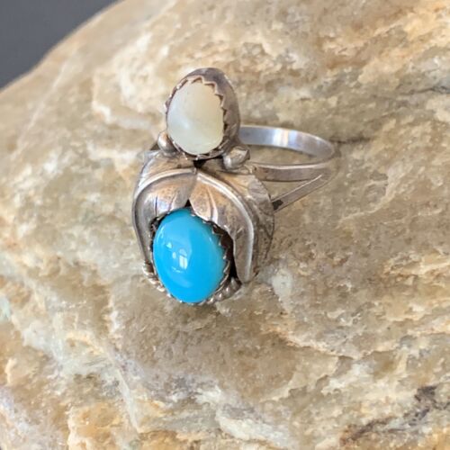 Navajo Blue Turquoise Moonstone Ring | Authentic Native American Sterling Silver | Multi-Stone | Sz 6.5 | 10770