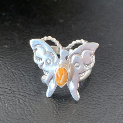 Navajo Orange Spiny Oyster Butterfly Ring | Sterling Silver | Sz Adj 8 | Authentic Native American Handmade | 10350