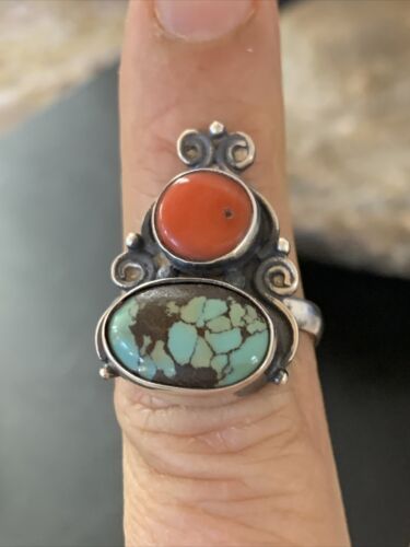 Native American Navajo Multi-Stone Ring | Blue Turquoise & Coral | Sterling Silver | Sz 7 | 11522