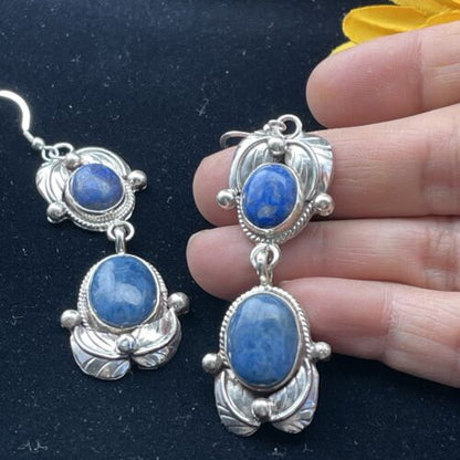 Southwestern Navajo Denim Lapis Dangle Earrings | Sterling Silver | 2" | 01796