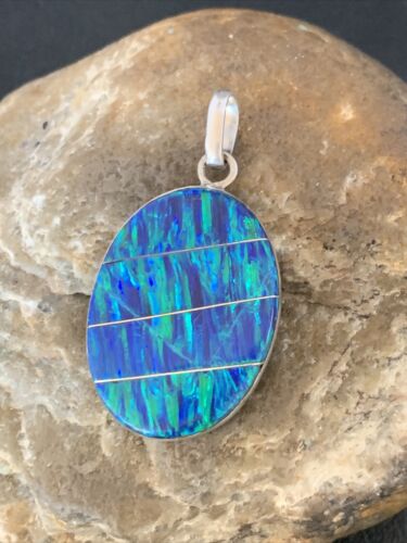 Authentic Native American Navajo Sterling Silver Blue Opal Inlay Pendant | Handmade Jewelry | 13138