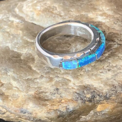 Navajo Blue Opal Inlay Ring | Sterling Silver | Sz 9 | Authentic Native American Handmade | Yazzie | 13533