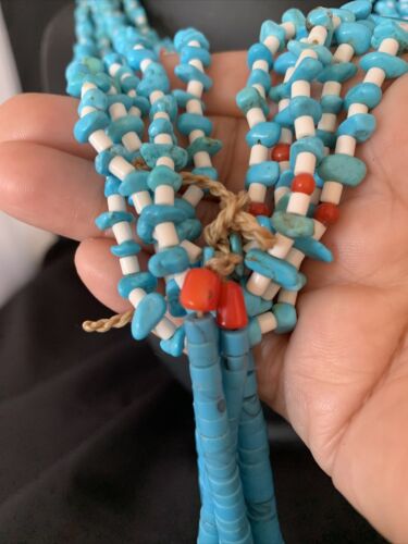 Southwestern Santo Domingo Blue Turquoise Coral Jacla Necklace | 5 Strand | 34" | Native American Handmade | 13180