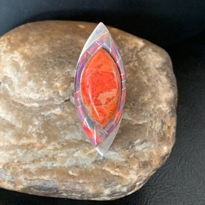 Navajo Red Spiny Oyster Opal Inlay Ring | Sterling Silver | Sz 6 | Authentic Native American Handmade | 12842