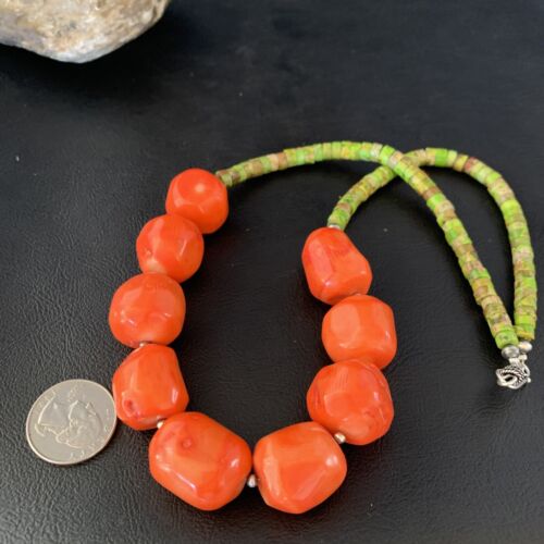 Navajo Green Gaspeite | Coral Pendant Necklace | Sterling Silver | Authentic Native American Handmade | 20" | 13955