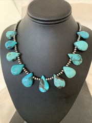 Native American Navajo Pearls Necklace | Sterling Silver Blue Turquoise Teardrop | Authentic Handmade | 942