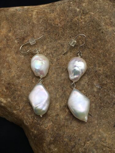 Native American Sterling Silver Pearl Dangle Earrings | 1.5" | 3079