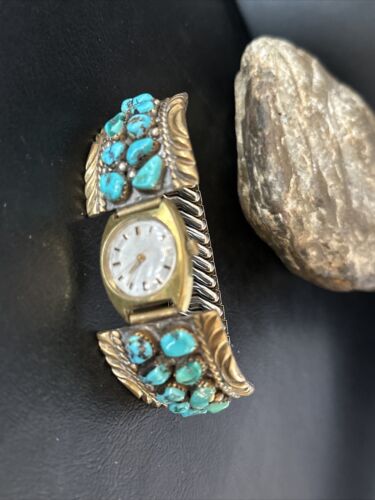 Authentic Native American Navajo Blue Kingman Turquoise Watch Tips | Sterling Silver | Old Pawn Jewelry | 14267
