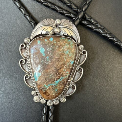Navajo Blue Boulder Turquoise Bolo Tie | Sterling Silver | Authentic Native American Handmade | 14252