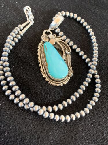 Navajo Royston Turquoise Pendant Necklace | Sterling Silver Pearls | Authentic Native American Handmade | 8735