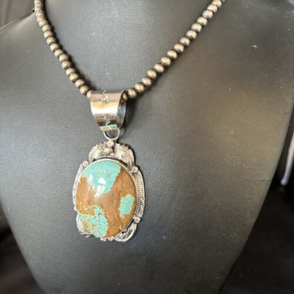 Navajo Pearls Sterling Silver Necklace Pendant | Blue Turquoise #8 | Authentic Native American Handmade | 14808