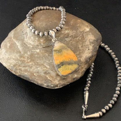 Navajo Yellow Bumblebee Jasper Pendant Necklace | Sterling Silver | Authentic Native American Handmade | 12806