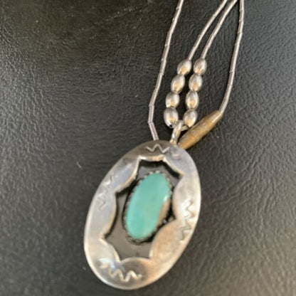 Navajo Blue Turquoise Shadowbox Pendant | Sterling Heishi Necklace | Authentic Native American Handmade | 13690