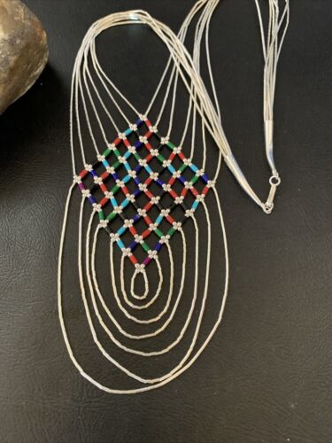 Multi-Color Liquid Silver Heishi Necklace | 7 Strand Sterling Silver Tubes | 18" | 12624