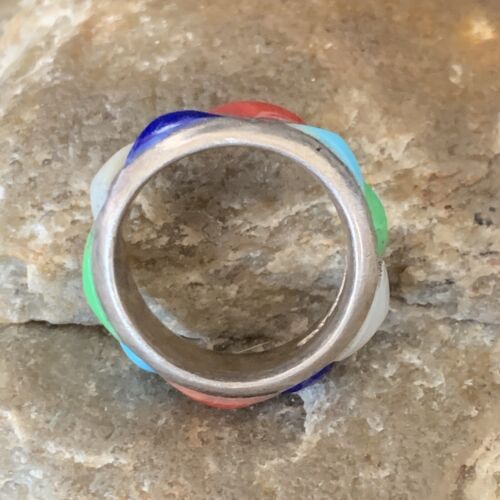 Navajo Multi-Color Turquoise Lapis Coral Mother of Pearl Inlay Ring | Sterling Silver | Sz 5.5 | 12399