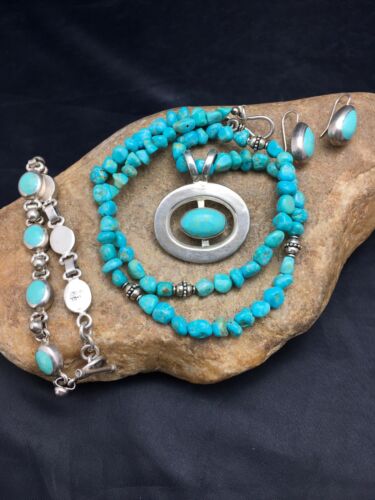 Native American Turquoise Nugget Necklace, Earrings & Bracelet Set | Sterling Silver | Handmade Navajo Jewelry | 3145 - Masha USA