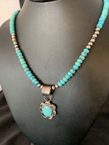 Navajo Blue Turquoise Pendant Necklace | Sterling Silver Pearls | Authentic Native American Handmade | 13218