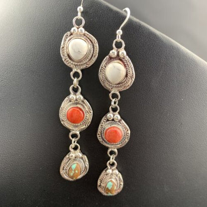 Navajo Spiny, Turquoise & Howlite Dangle Earrings | Sterling Silver | Authentic Native American Handmade | 01620