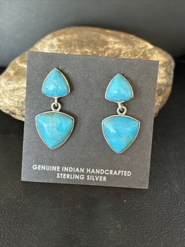 Navajo Blue Turquoise Dangle Earrings | Sterling Silver | 1" | Authentic Native American Handmade | 14771