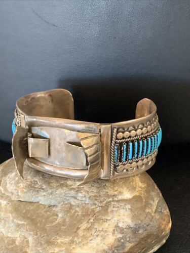 Authentic Native American Zuni Sterling Silver Watch Cuff Bracelet | Blue Turquoise Inlay Tips | 12332