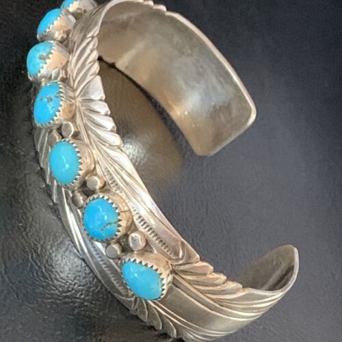 Navajo Blue Kingman Turquoise Cuff Bracelet | Sterling Silver | 7 Stone | Authentic Native American Handmade | 14212