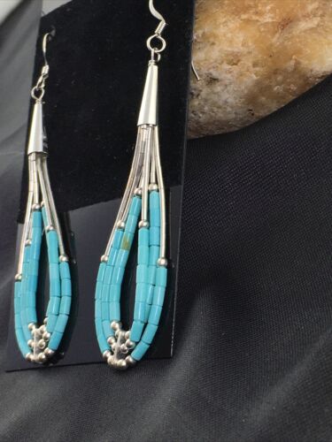 Native American Liquid Silver Heishi Dangle Earrings | Blue Turquoise | Sterling Silver | 2" | 1969