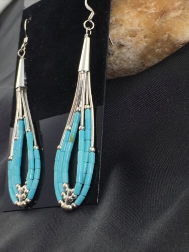 Native American Liquid Silver Heishi Dangle Earrings | Blue Turquoise | Sterling Silver | 2" | 1969 - Masha USA