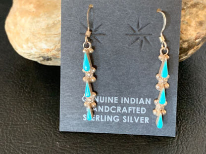 Zuni Handmade Kingman Turquoise Needle Point Dangle Earrings | Sterling Silver | 13024