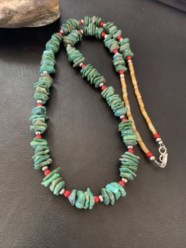 Navajo Green Turquoise Coral Shell Necklace | Sterling Silver | 28" | Authentic Native American Handmade | 11710