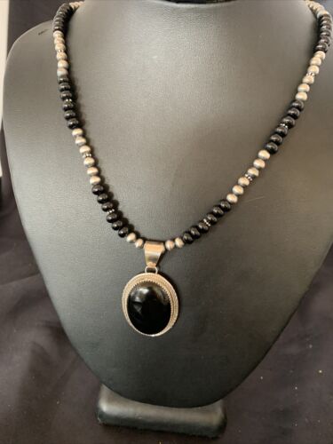 Men's Navajo Black Onyx Necklace Pendant | Sterling Silver Pearls | Authentic Native American Handmade | 11741