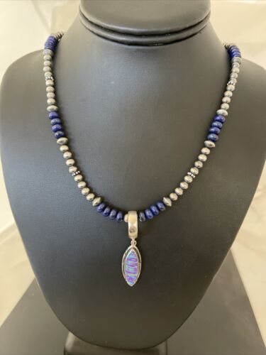 Navajo Purple Opal Pendant Lapis Necklace | Sterling Silver | Authentic Native American Handmade | 1305