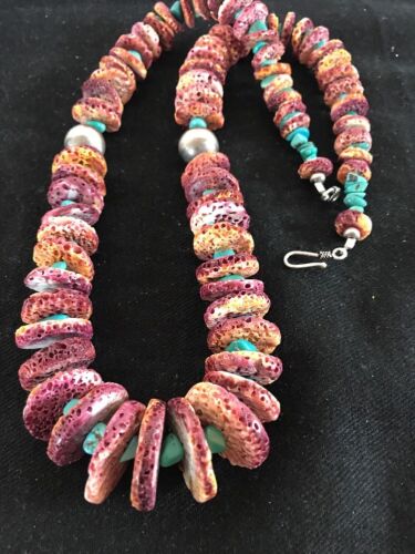 Authentic Native American Navajo Necklace | Purple Spiny Oyster & Turquoise | Sterling Silver | 24" Graduated