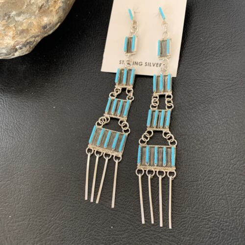 Zuni Handmade Kingman Turquoise Needle Point Dangle Earrings | Sterling Silver | 12123